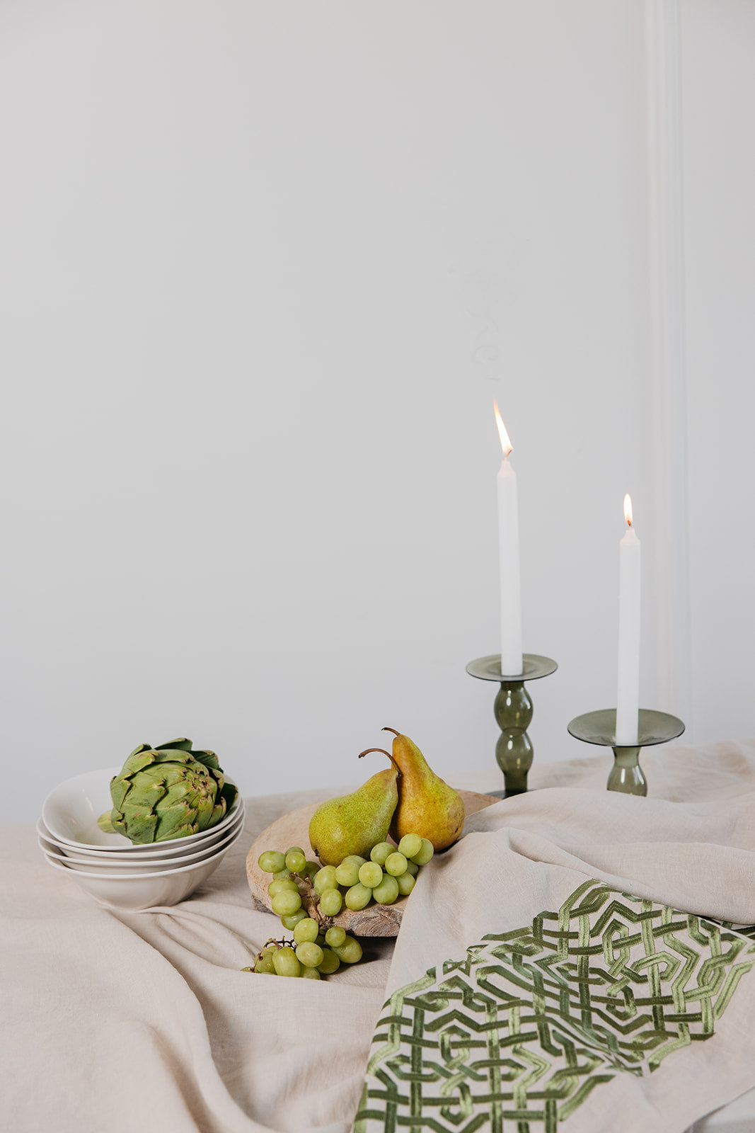 olive geometric linen tablecloth zellige tile design alhambra dining table setup