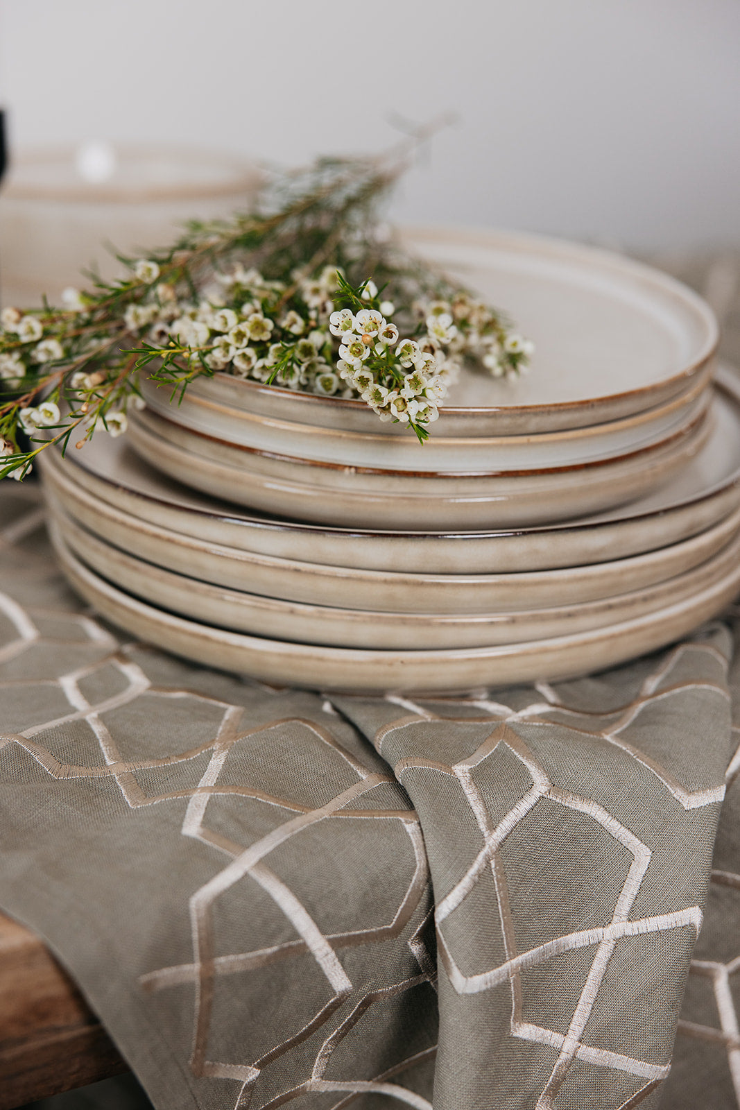 earth tone green linen tablecloth mamluk mineral geometric design dining table