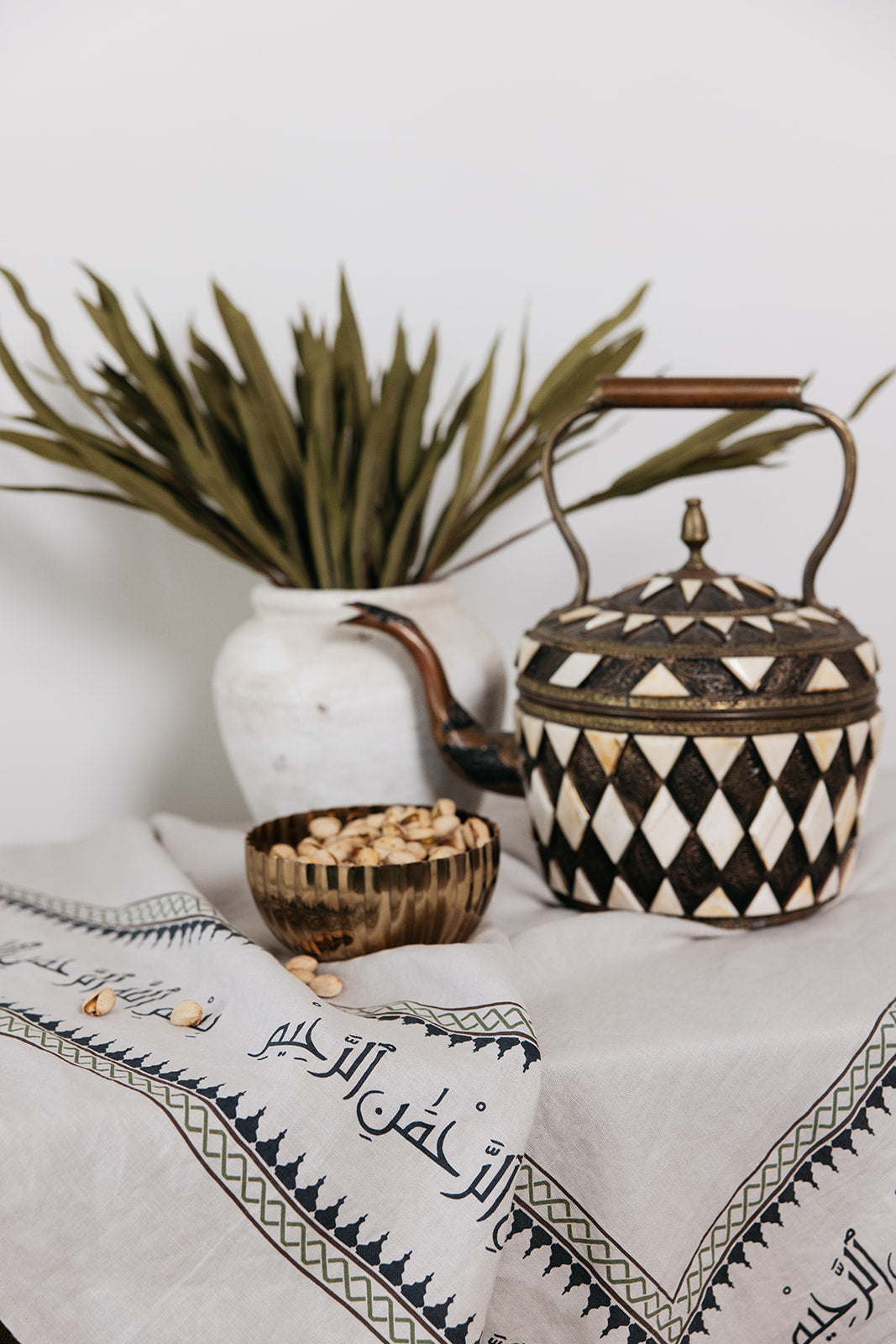 earth tone green linen tablecloth mamluk mineral geometric design dining table