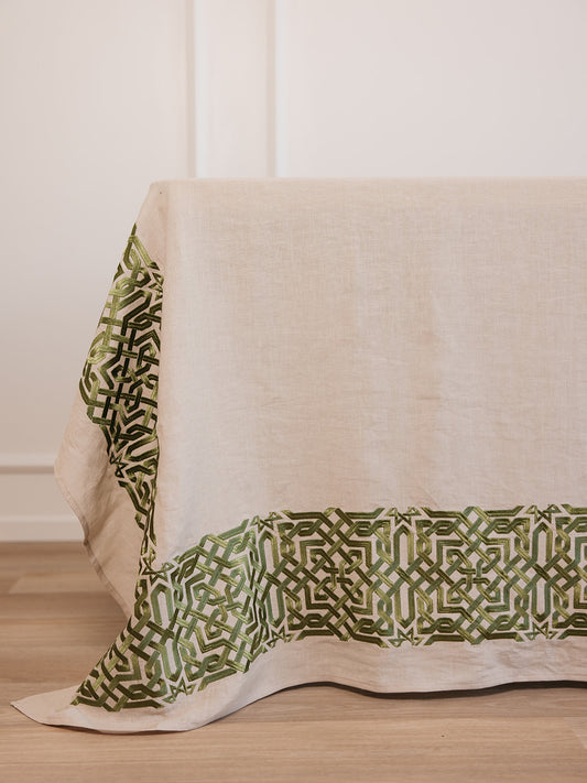 olive geometric linen tablecloth zellige tile design alhambra dining table setup