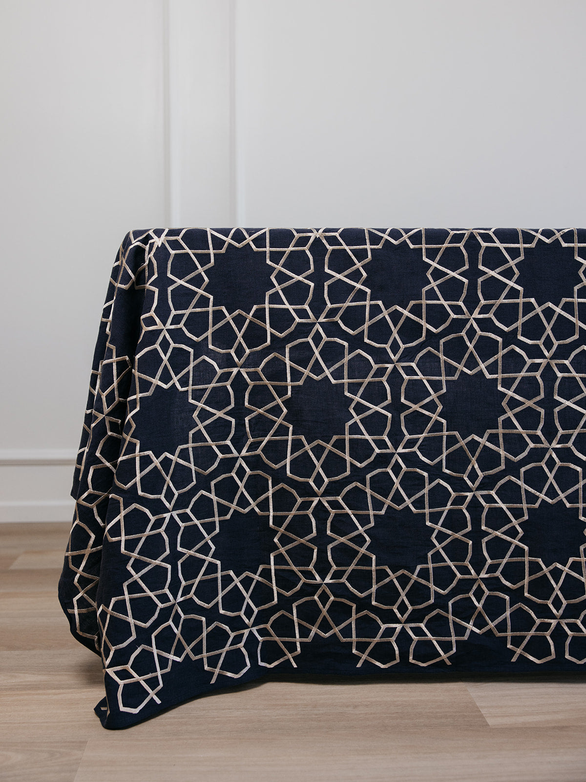 deep blue linen tablecloth islamic geometric design dining table setup