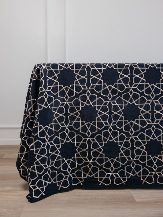 deep blue linen tablecloth islamic geometric design dining table setup