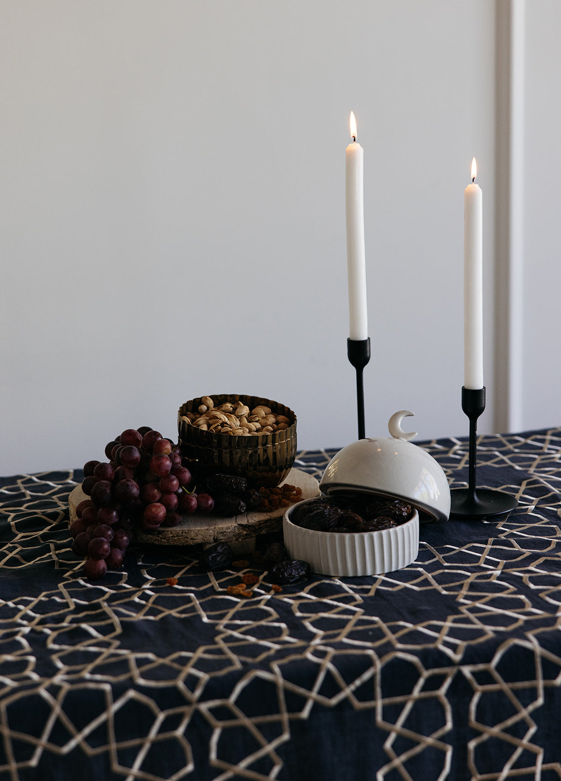 deep blue linen tablecloth islamic geometric design dining table setup