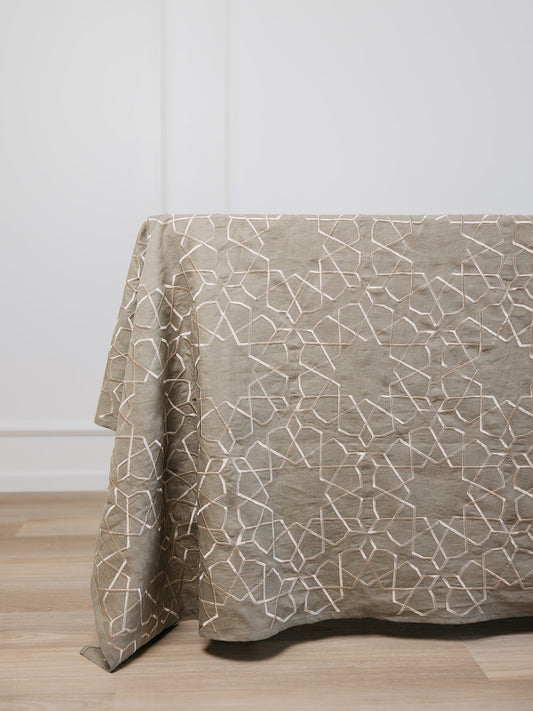 earth tone green linen tablecloth mamluk mineral geometric design dining table