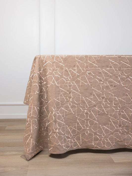 neutral beige linen tablecloth geometric islamic design dining table setup