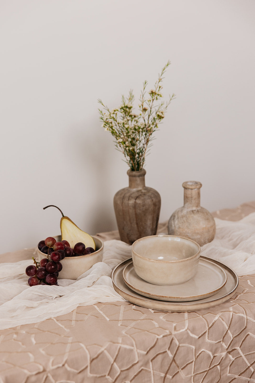 neutral beige linen tablecloth geometric islamic design dining table setup